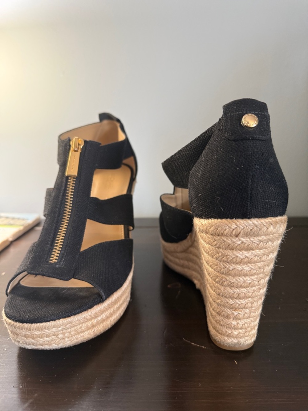 Michael Kors Black Canvas Espadrille Wedge Sandals with Gold Zip